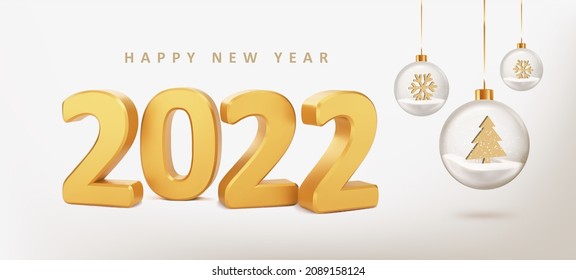 2022 Happy New Year. New Year card with numbers 2022 on beige background with glass balls. Realistic vector illustration.