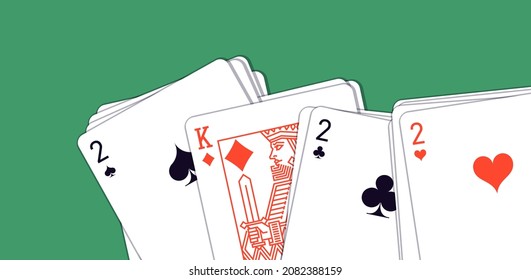 2022 Happy New Year casino style greeting card with playing cards different suits on green casino table. Merry Christmas 2K22 Xmas banner poker and blackjak desk design. New year 2022 poster top view