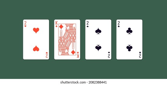 2022 Happy New Year casino style greeting card with playing cards different suits on green casino table. Merry Christmas 2K22 Xmas banner poker and blackjak desk design. New year 2022 poster top view