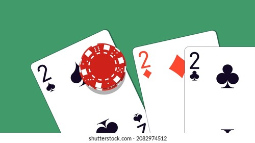 2022 Happy New Year casino style greeting card with playing cards different suits and tokens chips on green casino table. Merry Christmas 2K22 Xmas banner poker and blackjak desk design. New year 2022
