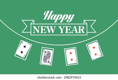 2022 Happy New Year casino style greeting card with playing cards different suits on green casino table. Merry Christmas 2K22 Xmas banner poker and blackjak desk design. New year 2022 poster top view