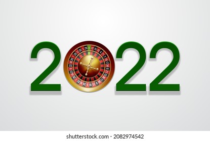 2022 Happy New Year casino style greeting card with roulette wheel above casino table. Merry Christmas 2K22 Xmas banner flat paper design.New year 2022 party poster top view roulette wheel with shadow