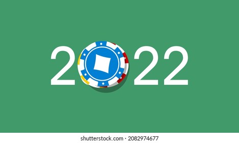 2022 Happy New Year casino style greeting card with tokens chips above roulette wheel casino table. Merry Christmas 2K22 Xmas banner poker and blackjak desk design. New year 2022 party poster top view