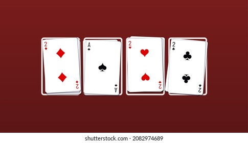 2022 Happy New Year casino style greeting card with playing cards different suits on green casino table. Merry Christmas 2K22 Xmas banner poker and blackjak desk design. New year 2022 poster top view