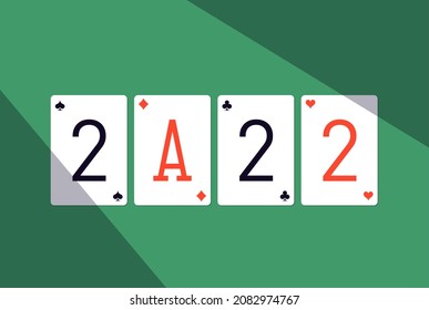 2022 Happy New Year casino style greeting card with playing cards different suits on green casino table. Merry Christmas 2K22 Xmas banner poker and blackjak desk design. New year 2022 poster top view