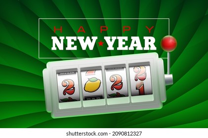 2022 Happy New Year casino style greeting card with slot machine. Merry Christmas Xmas pokies, slot machine design banner. New year 2022 gambling party green color poster with puggy one-armed bandit