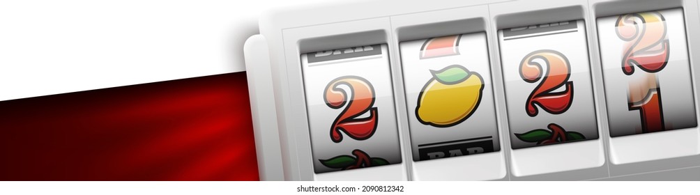 2022 Happy New Year casino style greeting card with slot machine. Merry Christmas Xmas pokies, slot machine design banner. New year 2022 gambling party red color poster with puggy one-armed bandit