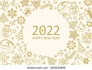 2022 Happy New Year, Christmas greeting card, holiday background, golden banner. Vector illustration