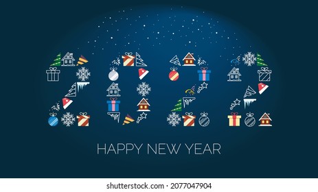 2022 Happy New Year. Christmas holiday decorations. Winter vector background. Design template for holiday card, calendar, invitation, poster. Wallpaper. Flat linear style.