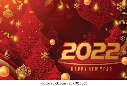 2022 Happy new year christmas design template. logo Design for greeting cards or for branding, banner, cover, card Happy new year 2022 with paper cut art and craft style on paper color background.