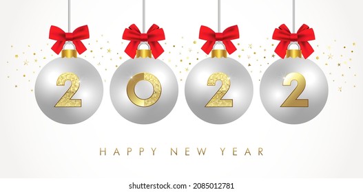 2022 Happy New Year Christmas balls and red bows. Golden metal number in silver glass bauble. Realistic 3d render metallic sign. Celebrate party or Xmas poster decoration, banner, cover card, brochure