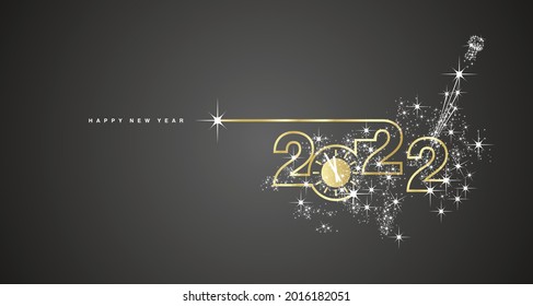 2022 Frohes New Year-Uhr-Countdown-Linie Design glänzend funkelnde Feuerwerk Champagner goldweißer schwarzer Banner Vektorgrafik