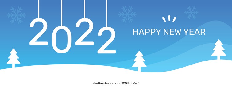 2022 happy new year with cold blue snowy winter background. Pine trees and snowflakes vector icon design.