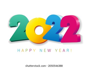 2022 happy new year colored symbol 3d design. Vector illustration with colorful holiday numbers label isolated on white background
