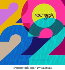 2022 Happy New Year. Colorful creative design template with logo 2022 for celebration and season decoration. Year of the tiger. Trendy background for branding, calendar, multicolor card, banner, cover