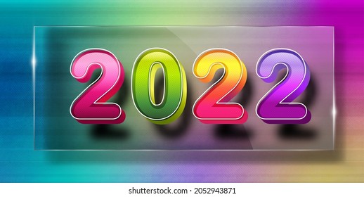 2022 Happy New Year colorful 3d text on a glass with shadow, modern illustration, on a colorful background,. 2022 Happy New Year 3d text design