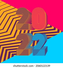 2022 Happy New Year. Colorful neon zig zag geometric background. 3d dimensional 2022 numbers in thin lines striped style. Abstract cover design vector illustration for card, banner, brochure, magazine
