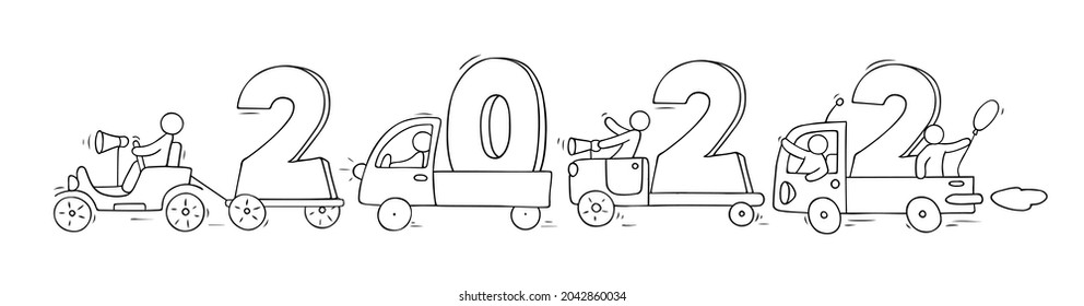 2022 Happy New Year concept with cars. Cartoon doodle illustration with liitle people prepare to celebration. Hand drawn vector for christmas design.