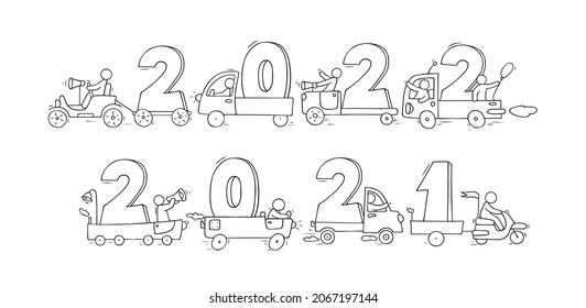 2022 Happy New Year concept with cars. Cartoon doodle illustration with liitle people prepare to celebration. Hand drawn vector for christmas design.