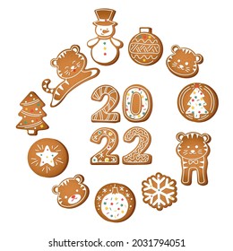  2022 Happy New Year cookies set with gingerbread figures of snowman, gift boxes and sock, tiger, bauble, heart decorated white icing. Vector illustration on white background
