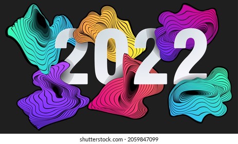 2022 Feliz Año Nuevo Cobertura creativa. Forma líquida de color abstracto. Liquidar el fondo de la línea. Rayas onduladas blancas y negras. Estética moderna de fondo de pantalla suizo. Arte vector de brutalismo.