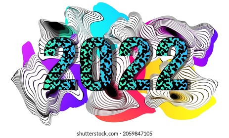 2022 Happy New Year Creative cover. Abstract color liquid shape. Liquify line background. White and black wavy stripes. Modern aesthetics of Swiss design wallpaper. Brutalism vector art.