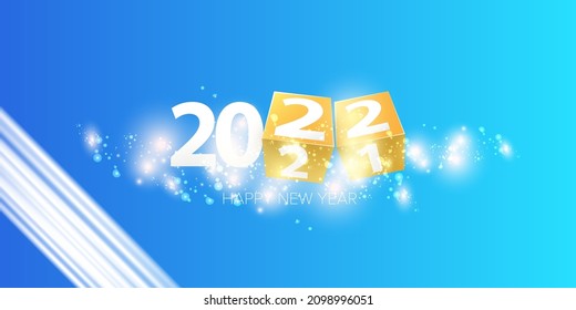 2022 Happy new year creative design horizontal banner background and greeting card with text. vector 2022 new year numbers isolated on modern blue background with sparkles and lights