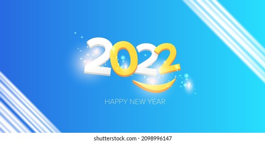 2022 Feliz año nuevo diseño creativo diseño de fondo de banner horizontal y tarjeta de saludo con texto. vectores 2022 números de año nuevo aislados en fondo azul moderno con destellos y luces