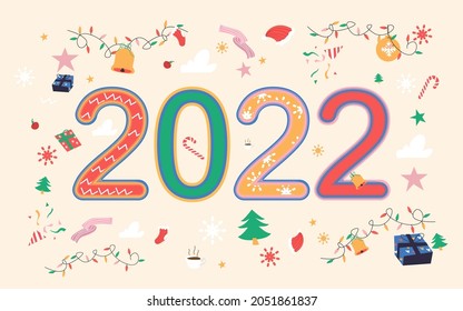 2022 happy new year with cute Christmas elements. Vector illustration