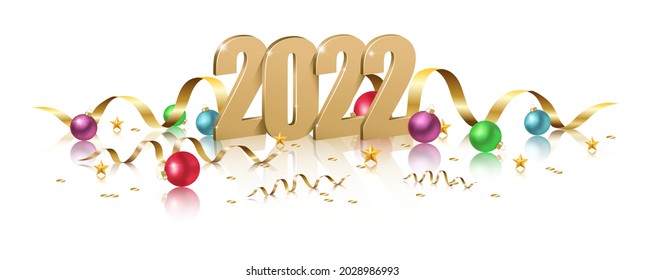  2022 Happy New Year design,  illustration of 3d golden 2022 logo numbers with Christmas balls, NY celebration invitation on white background.