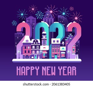 2022 Happy new Year Eve scene with europe winter night city and fireworks. Snowy Christmas street flat landscape with festive european houses and New Year decorations.