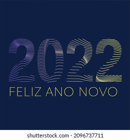 2022 Feliz Año Nuevo "Feliz Ano Novo" en portugués, 3d diseño vectorial con líneas onduladas - fondo azul oscuro.