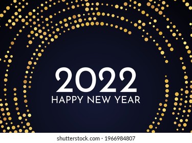 2022 Happy New Year of gold glitter pattern in circle form. Abstract gold glowing halftone dotted background for Christmas holiday greeting card on dark background. Vector illustration