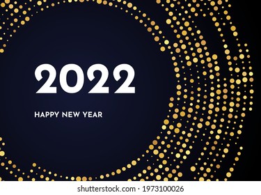2022 Happy New Year of gold glitter pattern in circle form. Abstract gold glowing halftone dotted background for Christmas holiday greeting card on dark background. Vector illustration