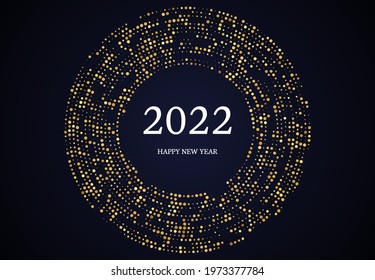 2022 Happy New Year of gold glitter pattern in circle form. Abstract gold glowing halftone dotted background for Christmas holiday greeting card on dark background. Vector illustration