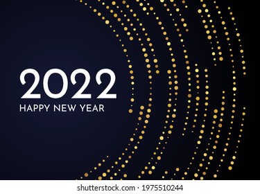 2022 Happy New Year of gold glitter pattern in circle form. Abstract gold glowing halftone dotted background for Christmas holiday greeting card on dark background. Vector illustration
