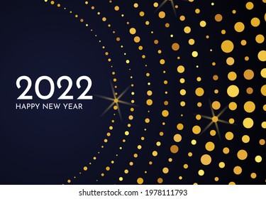 2022 Happy New Year of gold glitter pattern in circle form. Abstract gold glowing halftone dotted background for Christmas holiday greeting card on dark background. Vector illustration
