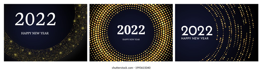 2022 Happy New Year of gold glitter pattern in circle form. Set of three abstract gold glowing halftone dotted backgrounds for Christmas holiday greeting card on dark background. Vector illustration