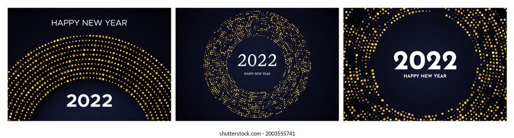 2022 Happy New Year of gold glitter pattern in circle form. Set of three abstract gold glowing halftone dotted backgrounds for Christmas holiday greeting card on dark background. Vector illustration