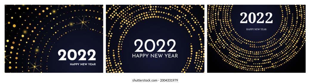 2022 Happy New Year of gold glitter pattern in circle form. Set of three abstract gold glowing halftone dotted backgrounds for Christmas holiday greeting card on dark background. Vector illustration