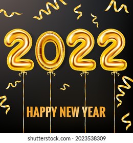2022 Happy New Year Gold balloons. Gold foil numerals with confetti, ribbons, poster, banner. Vector realistic 3D illustration