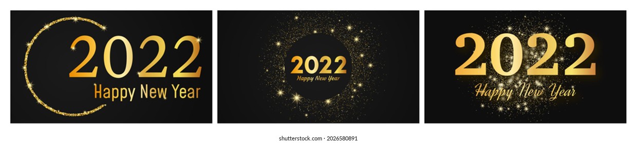 2022 Happy New Year gold background. Set of three abstract gold backdrops with a inscription Happy New Year on dark for Christmas holiday greeting card, flyers or posters. Vector illustration
