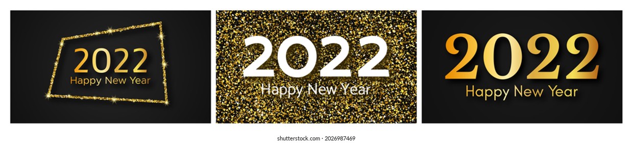 2022 Happy New Year gold background. Set of three abstract gold backdrops with a inscription Happy New Year on dark for Christmas holiday greeting card, flyers or posters. Vector illustration