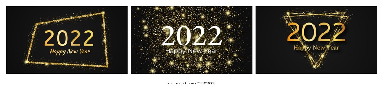 2022 Happy New Year gold background. Set of three abstract gold backdrops with a inscription Happy New Year on dark for Christmas holiday greeting card, flyers or posters. Vector illustration