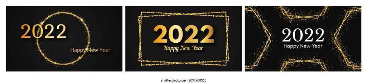 2022 Happy New Year gold background. Set of three abstract gold backdrops with a inscription Happy New Year on dark for Christmas holiday greeting card, flyers or posters. Vector illustration