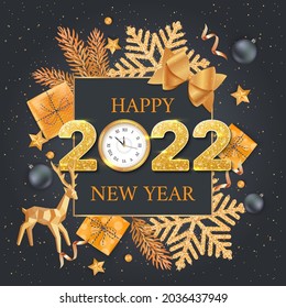2022 Happy New Year. Golden Numbers with sequins and wall clock. Greeting Background. Xmas card with golden snowflakes with confetti, gift boxes, wall clock, fir branches, deer, balls, stars.	