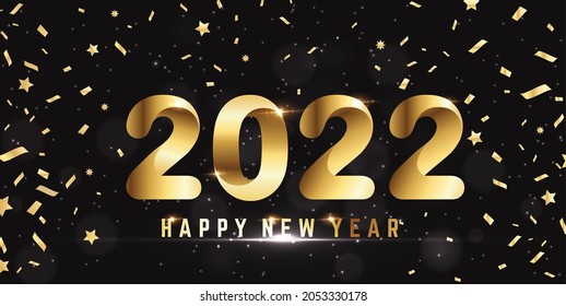 2022 Happy New Year golden text concept design, vector modern illustration gold ornament, with lens vertigo, stars, ribbon shape, snow on an abstract Bokeh dark background