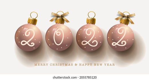 2022 Happy New Year. Golden pink bauble with number, Christmas decoration. Celebrate party 2022. Xmas Poster, banner, cover card, brochure, flyer, layout design, vector image