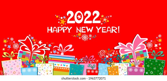 2022 Happy New Year! Greeting card. Celebration red background with gift box, star and place for your text. Art design celebrate party invitation template. Winter holidays. Vector Illustration