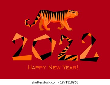 2022 Happy New Year greeting card. Celebration red background with tiger and place for your text. Graphic icon of Chinese Year of the tiger 2022. Horizontal banner. t-shirt composition. Vector